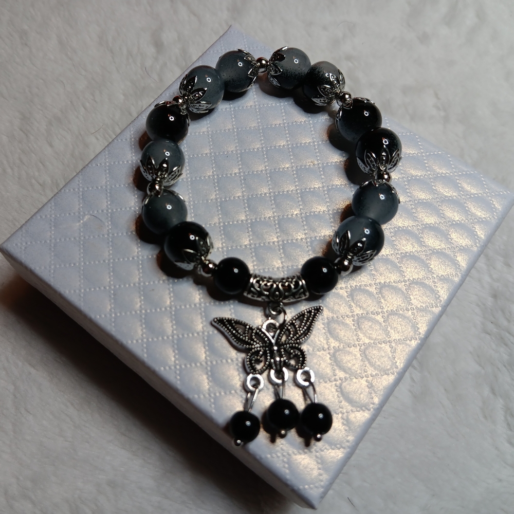 Elegant Silver and Black Butterfly Beaded Charm Bracelet